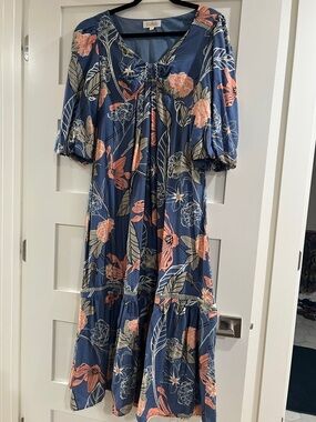 Listicle Navy Maxi Dress with Coral and Cream Floral Print
